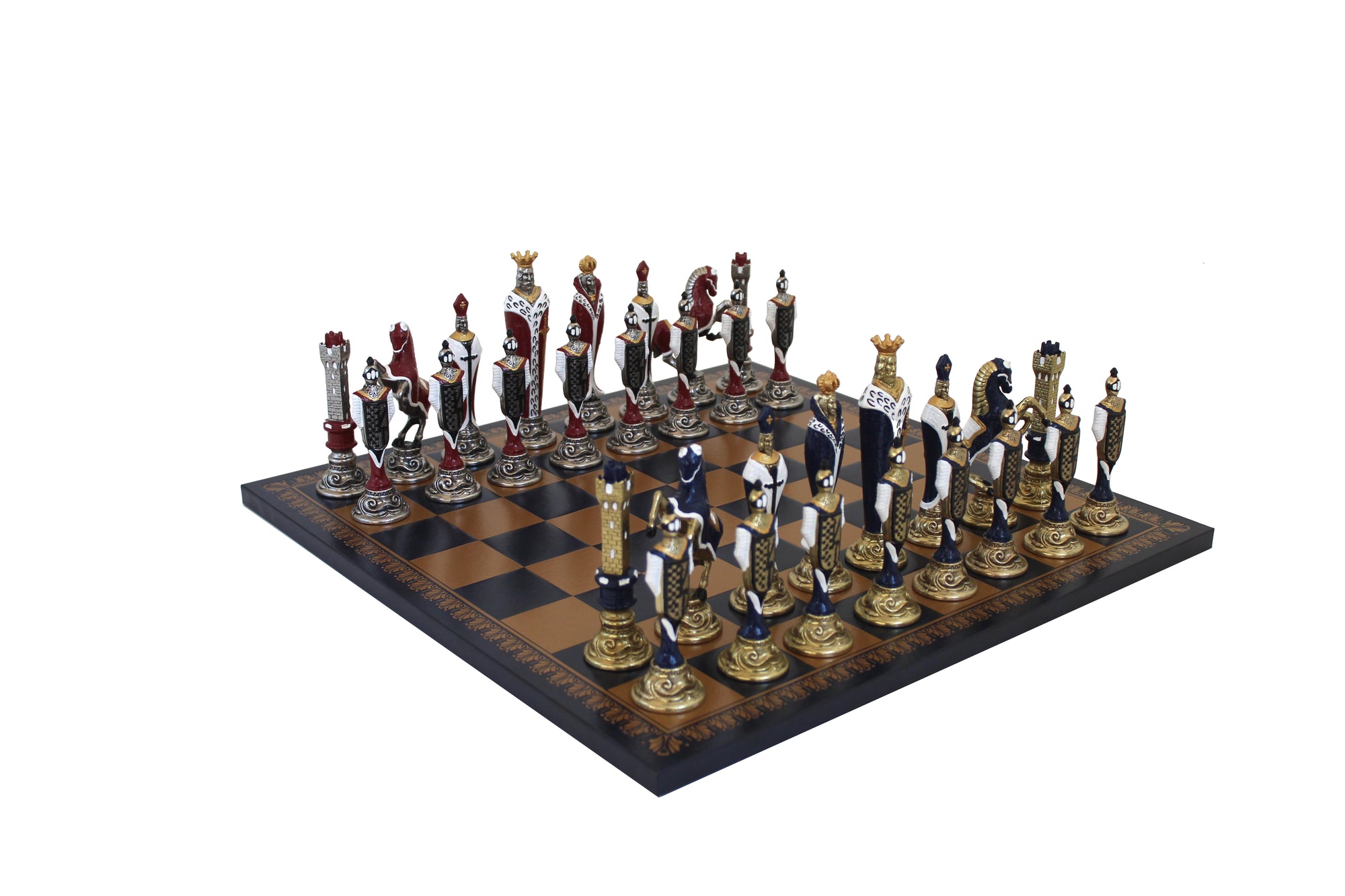 Italfama Renaissance Theme Hand Painted Metal Chess Set with Gold and Blue Leatherette Chess Board