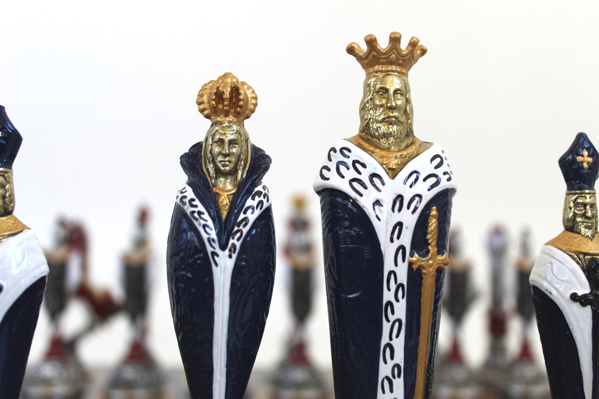 Italfama Renaissance Theme Hand Painted Metal Chess Set with Gold and Blue Leatherette Chess Board