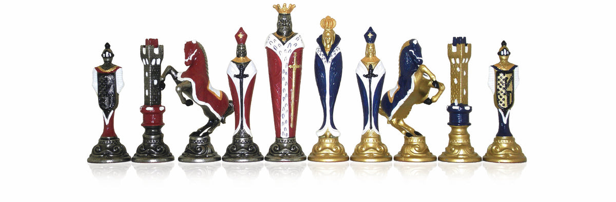 Italfama Renaissance Theme Hand Painted Metal Chess Set with Gold and Blue Leatherette Chess Board