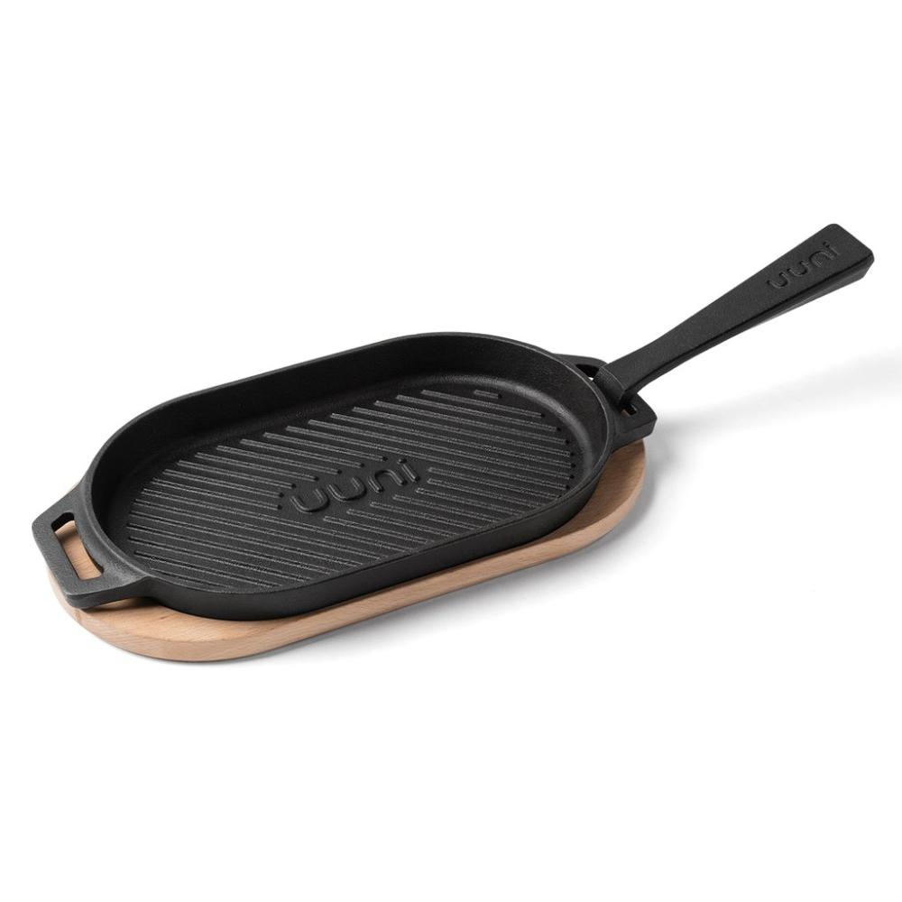 Ooni Cast Iron GRIZZLER Griddle Pan with Removable Handle & Thick Wooden Trivet