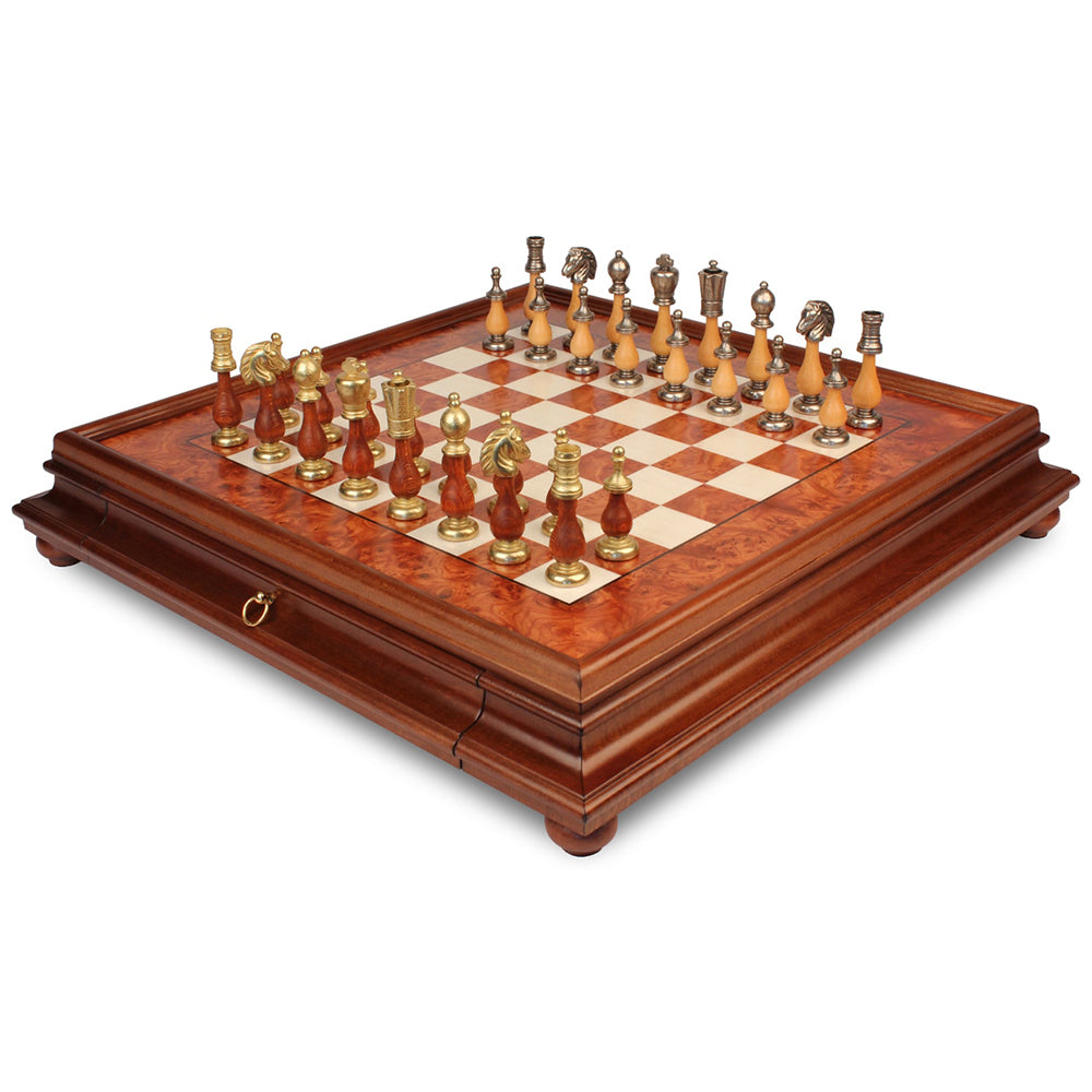 Italfama Large Italian Arabesque Staunton Metal & Wood Chess Set with Elm Burl Chess Case