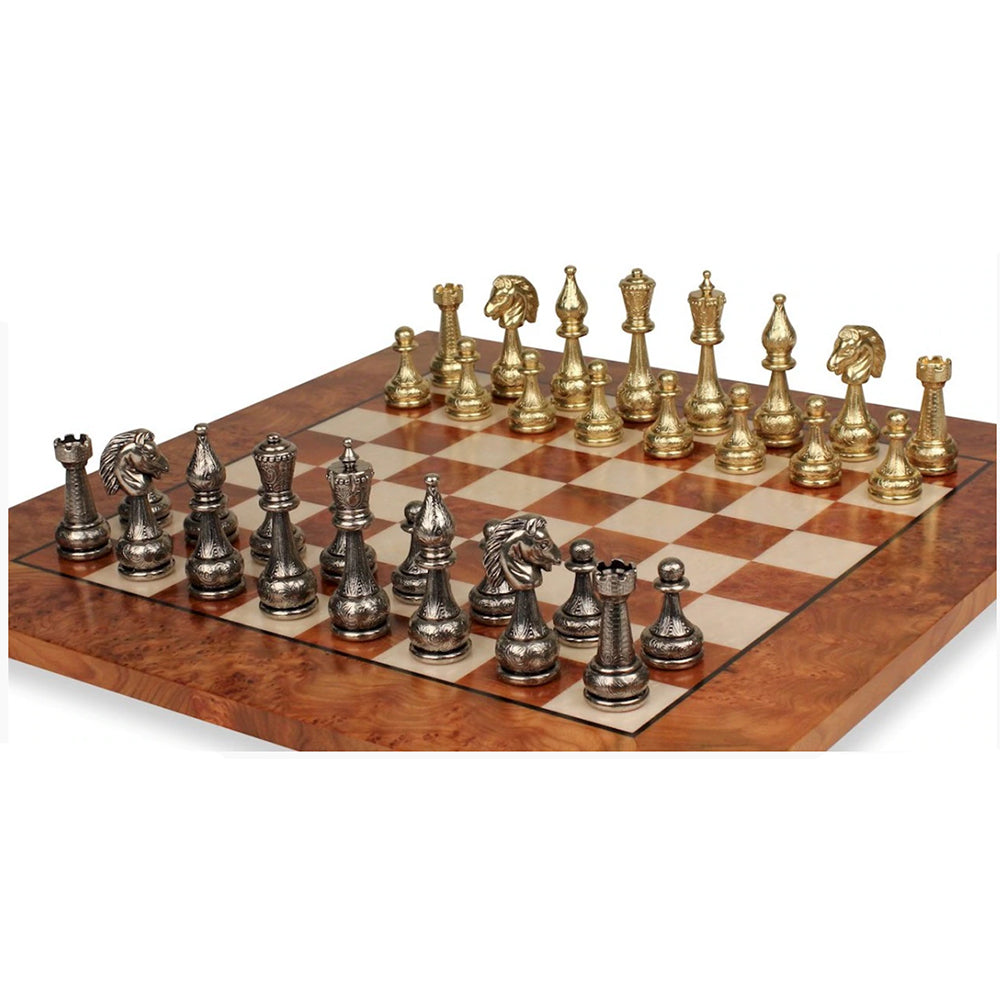 Large Arabesque Classic Staunton Metal Chess Set with Elm Burl Chess Board