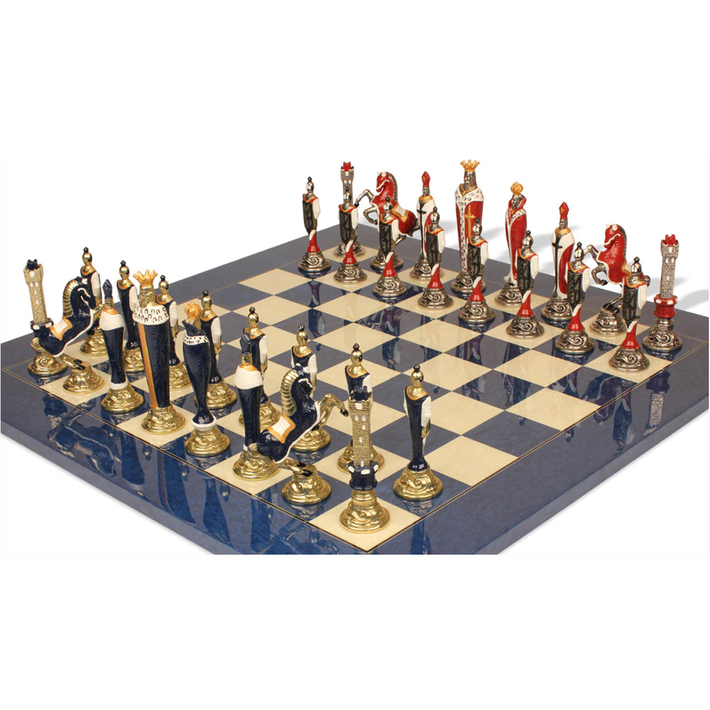 Italfama Renaissance Theme Hand Painted Metal Chess Set with Blue Ash Burl Chess Board