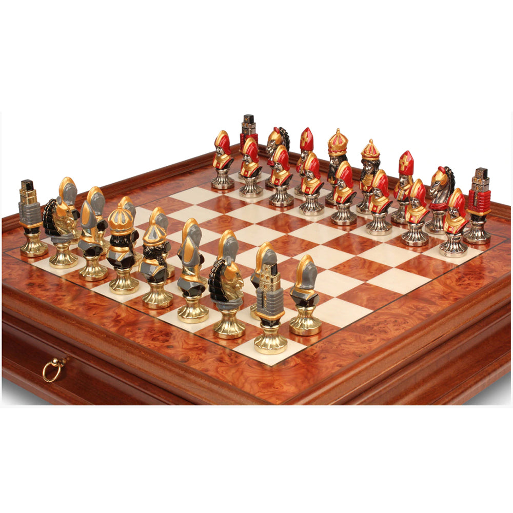 Medieval Theme Hand Painted Metal Chess Set with Elm Burl Chess Case