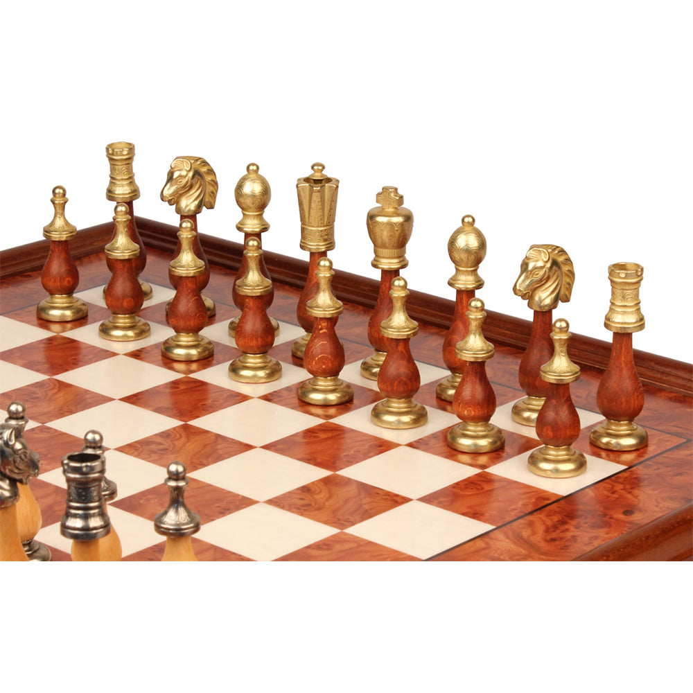 Italfama Large Italian Arabesque Staunton Metal &amp; Wood Chess Set with Elm Burl Chess Case