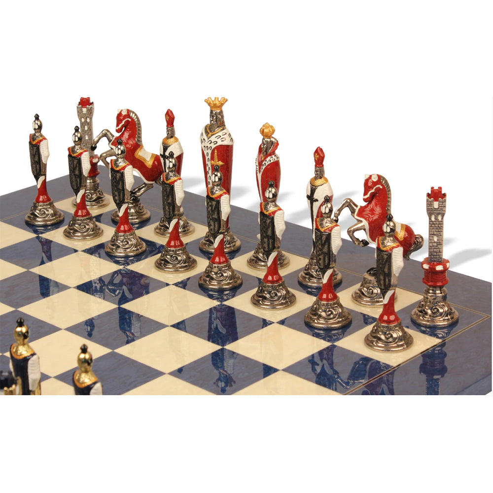 Italfama Renaissance Theme Hand Painted Metal Chess Set with Blue Ash Burl Chess Board
