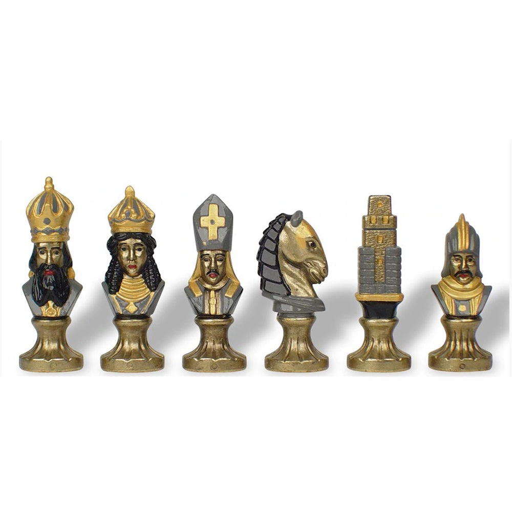 Medieval Theme Hand Painted Metal Chess Set with Elm Burl Chess Case