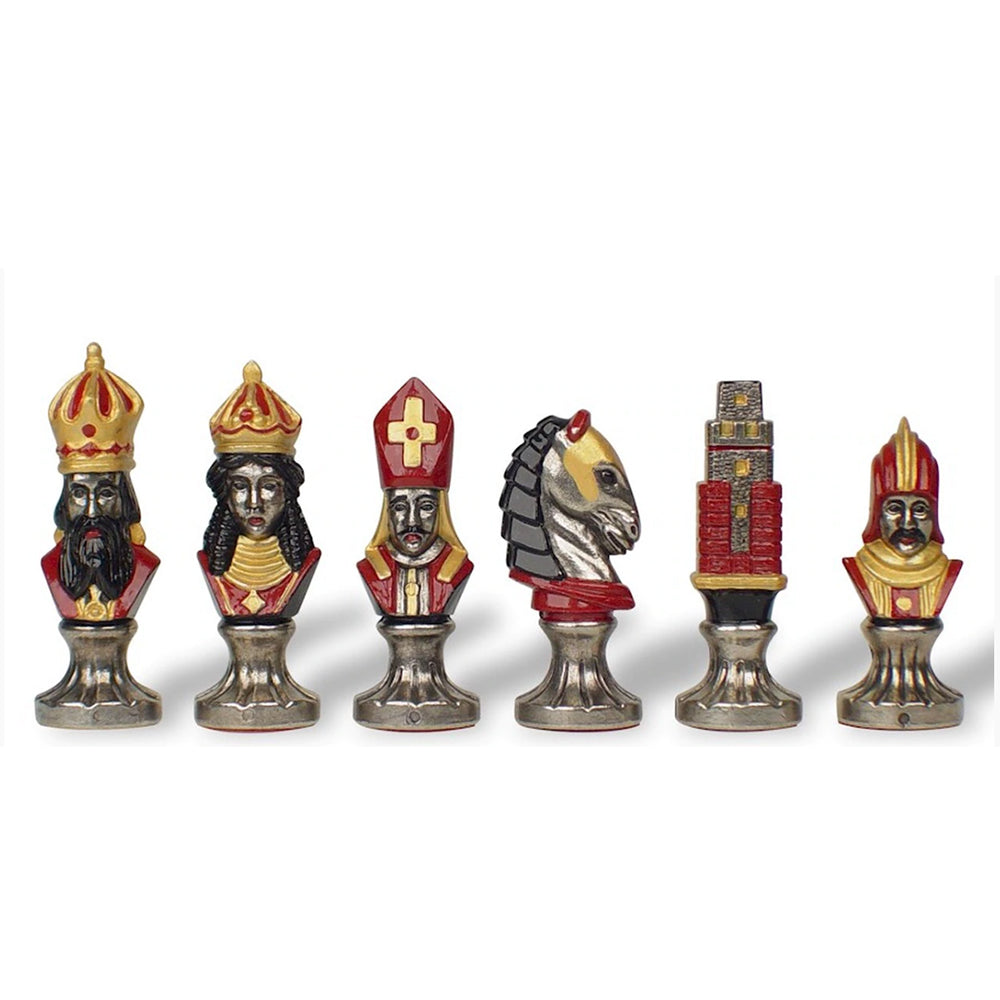 Medieval Theme Hand Painted Metal Chess Set with Elm Burl Chess Case