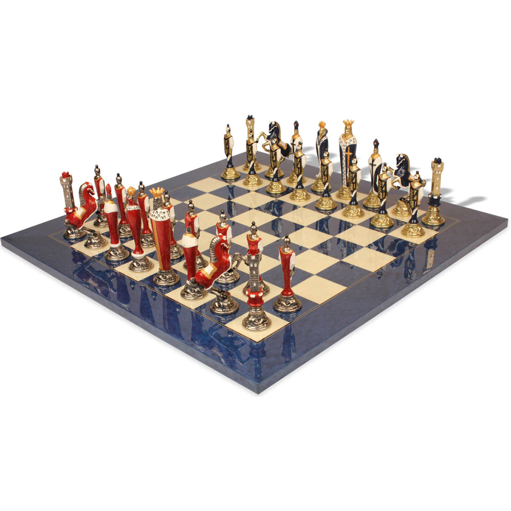 Italfama Renaissance Theme Hand Painted Metal Chess Set with Blue Ash Burl Chess Board