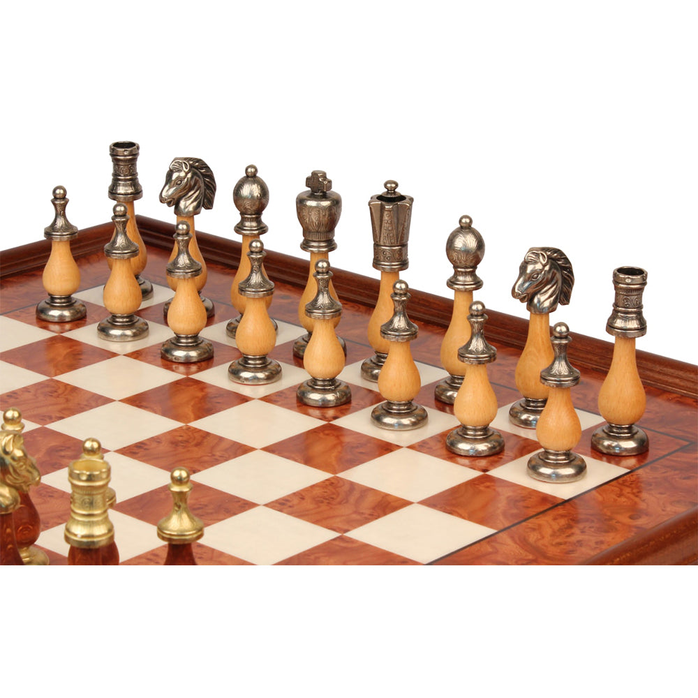 Italfama Large Italian Arabesque Staunton Metal &amp; Wood Chess Set with Elm Burl Chess Case