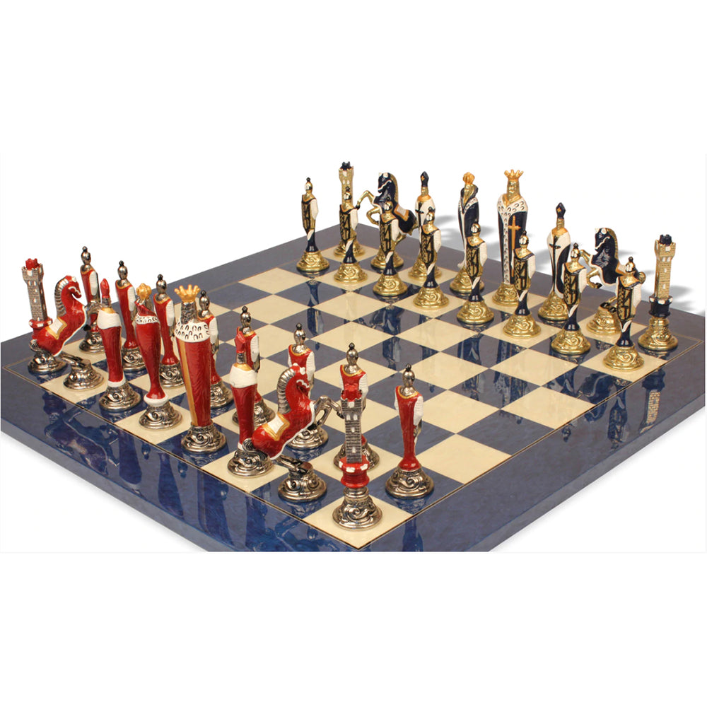 Italfama Renaissance Theme Hand Painted Metal Chess Set with Blue Ash Burl Chess Board