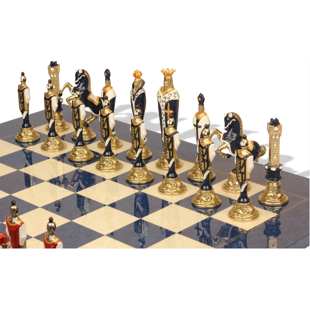 Italfama Renaissance Theme Hand Painted Metal Chess Set with Blue Ash Burl Chess Board