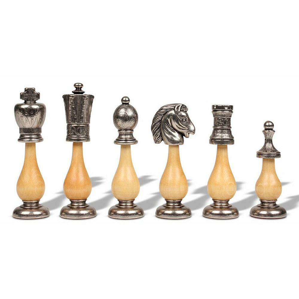 Italfama Large Italian Arabesque Staunton Metal &amp; Wood Chess Set with Elm Burl Chess Case