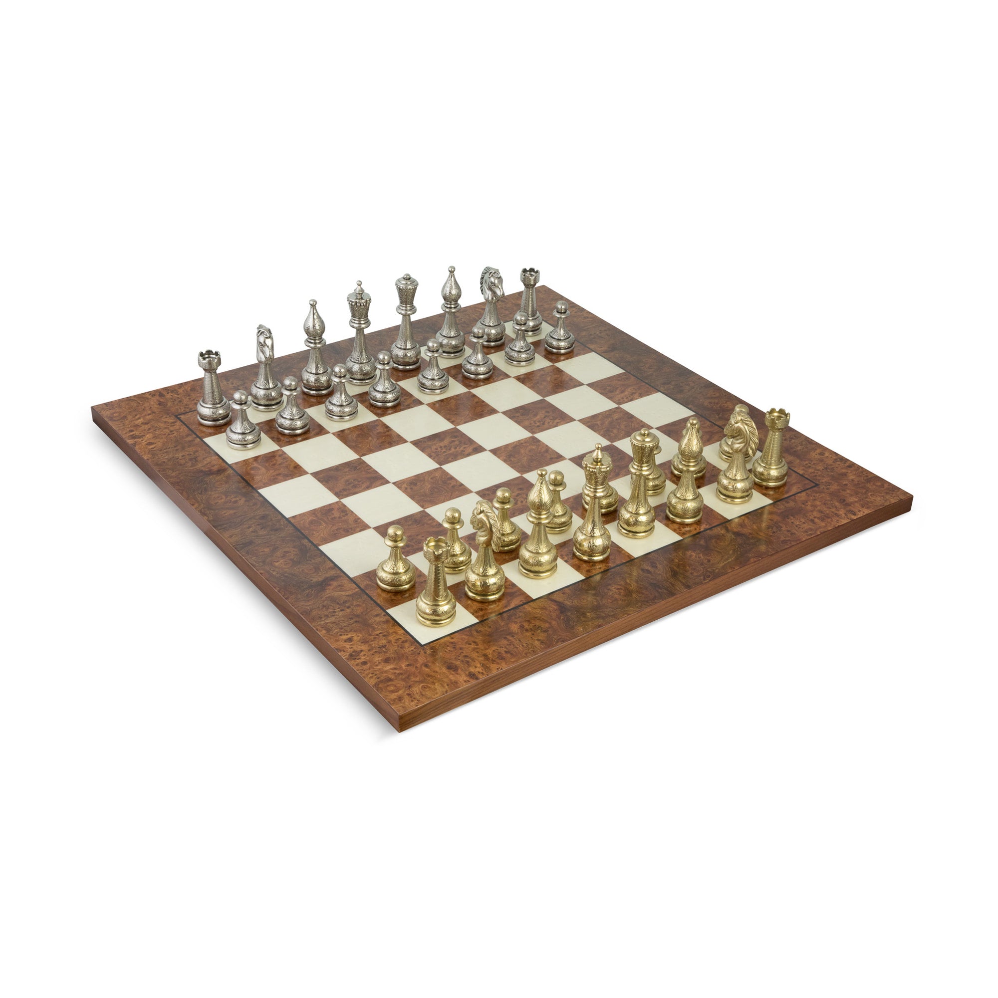 Italfama Large Arabesque Classic Staunton Metal Chess Set with Elm Burl Chess Board