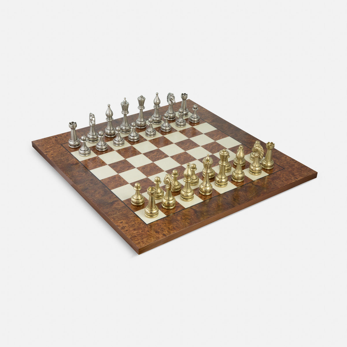 Italfama Large Arabesque Classic Staunton Metal Chess Set with Elm Burl Chess Board