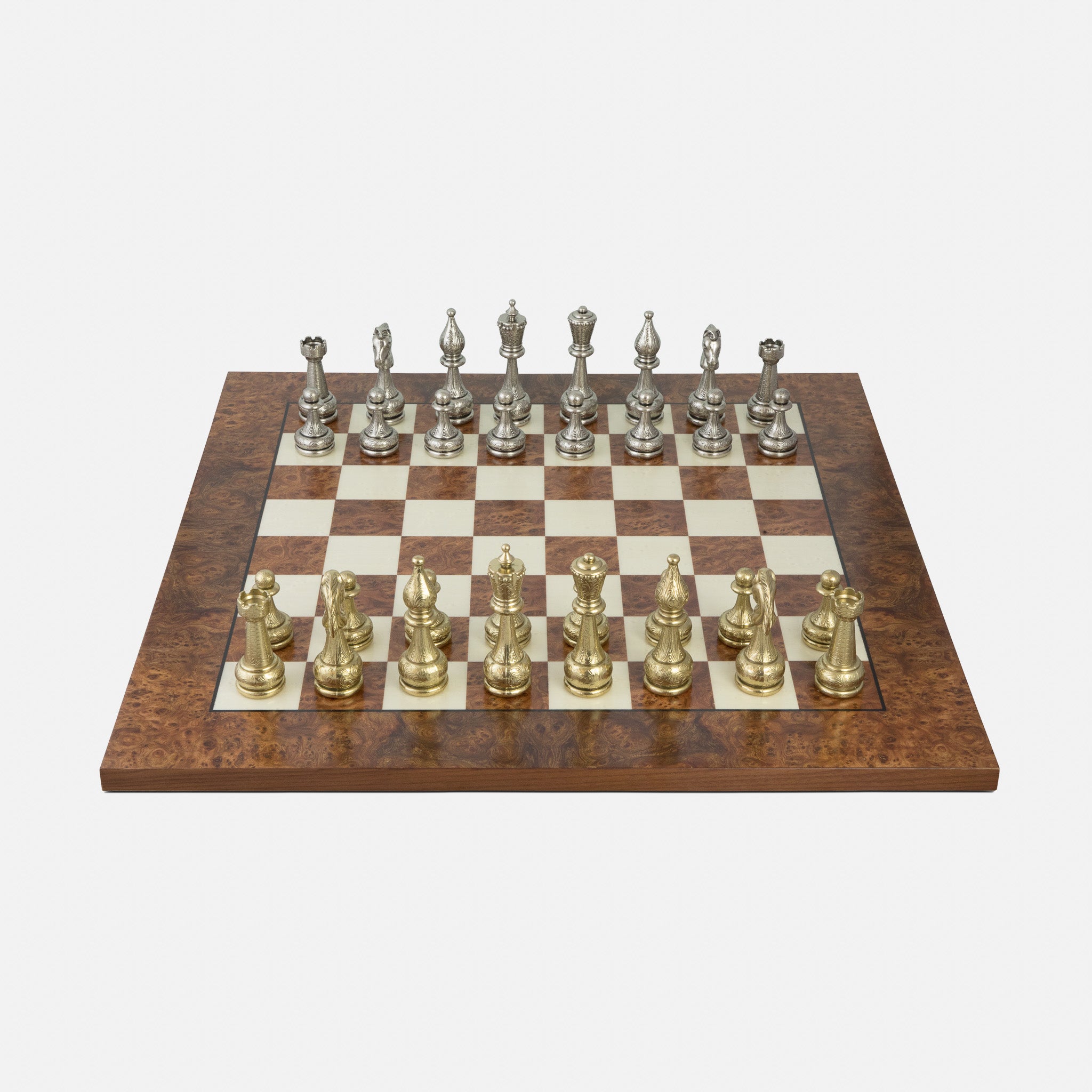 Italian Arabesque Staunton Gold & Sliver Chess Set & Elm Burl Chess Board  Package