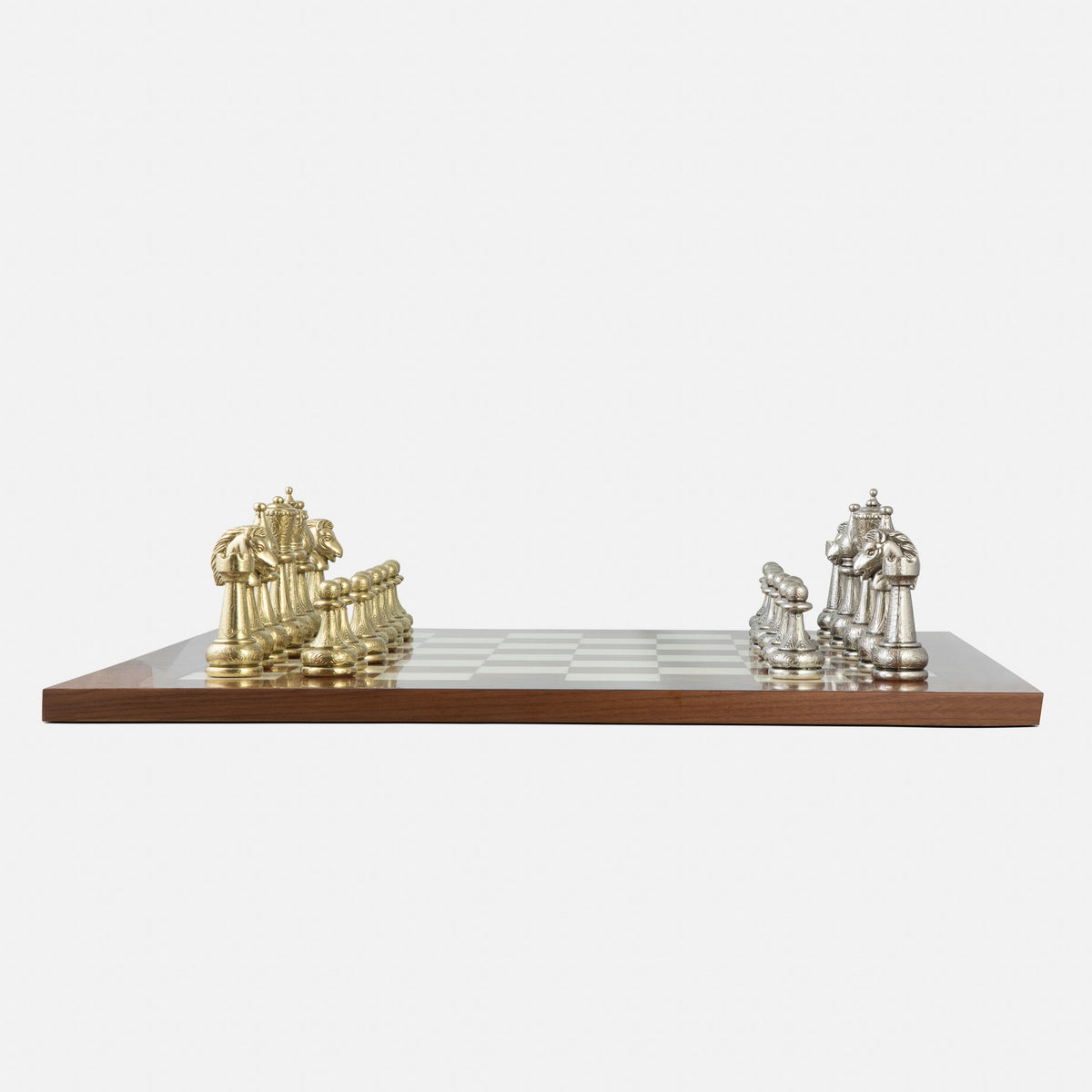 Italfama Large Arabesque Classic Staunton Metal Chess Set with Elm Burl Chess Board