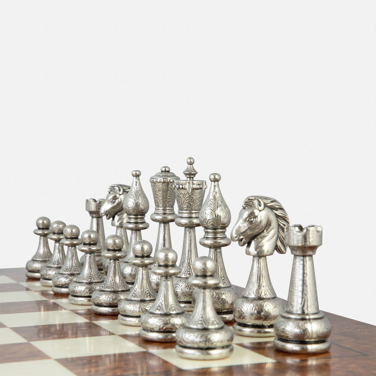 Italfama Large Arabesque Classic Staunton Metal Chess Set with Elm Burl Chess Board