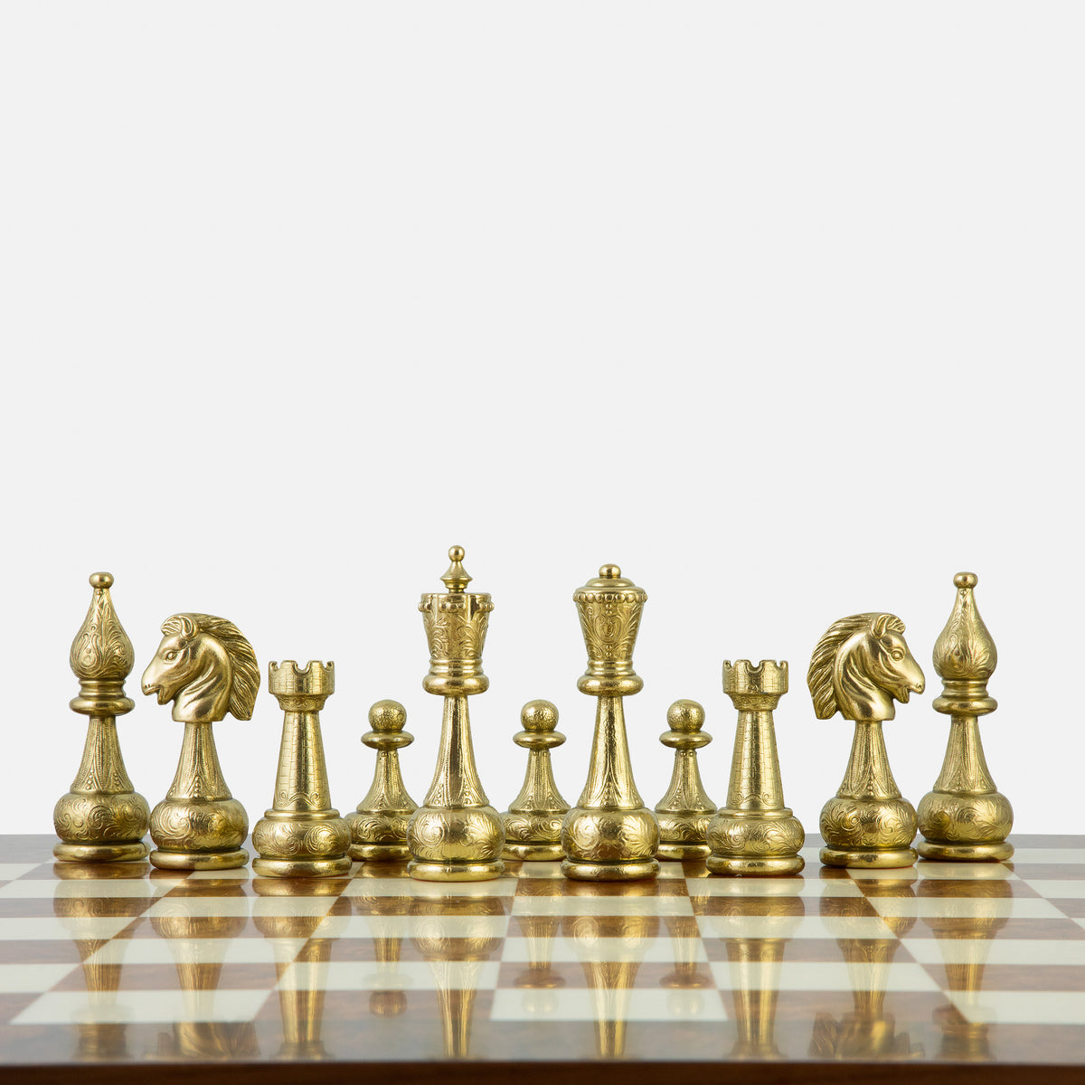 Italfama Large Arabesque Classic Staunton Metal Chess Set with Elm Burl Chess Board