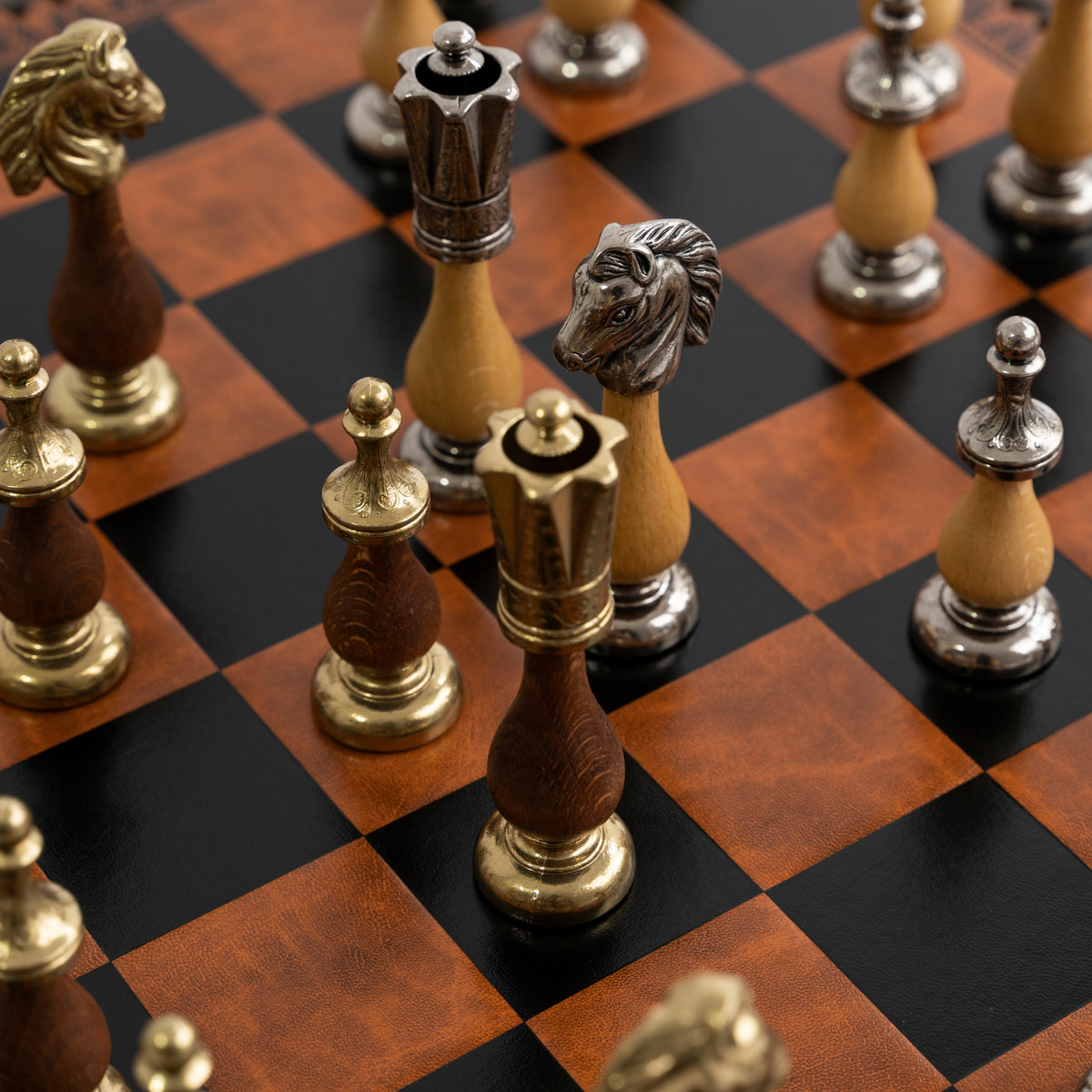 Italfama Classic Metal/Wood Chess Set With BackGammon + Checkers